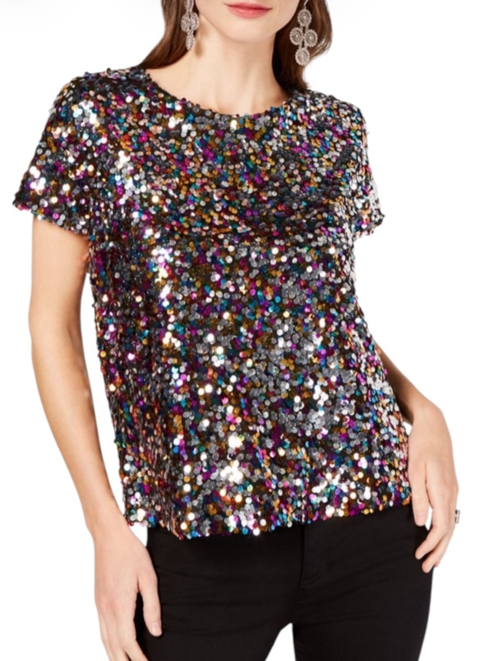 INC International Concepts Multi Color Sequin Short Sleeve Top Plus Size 2X